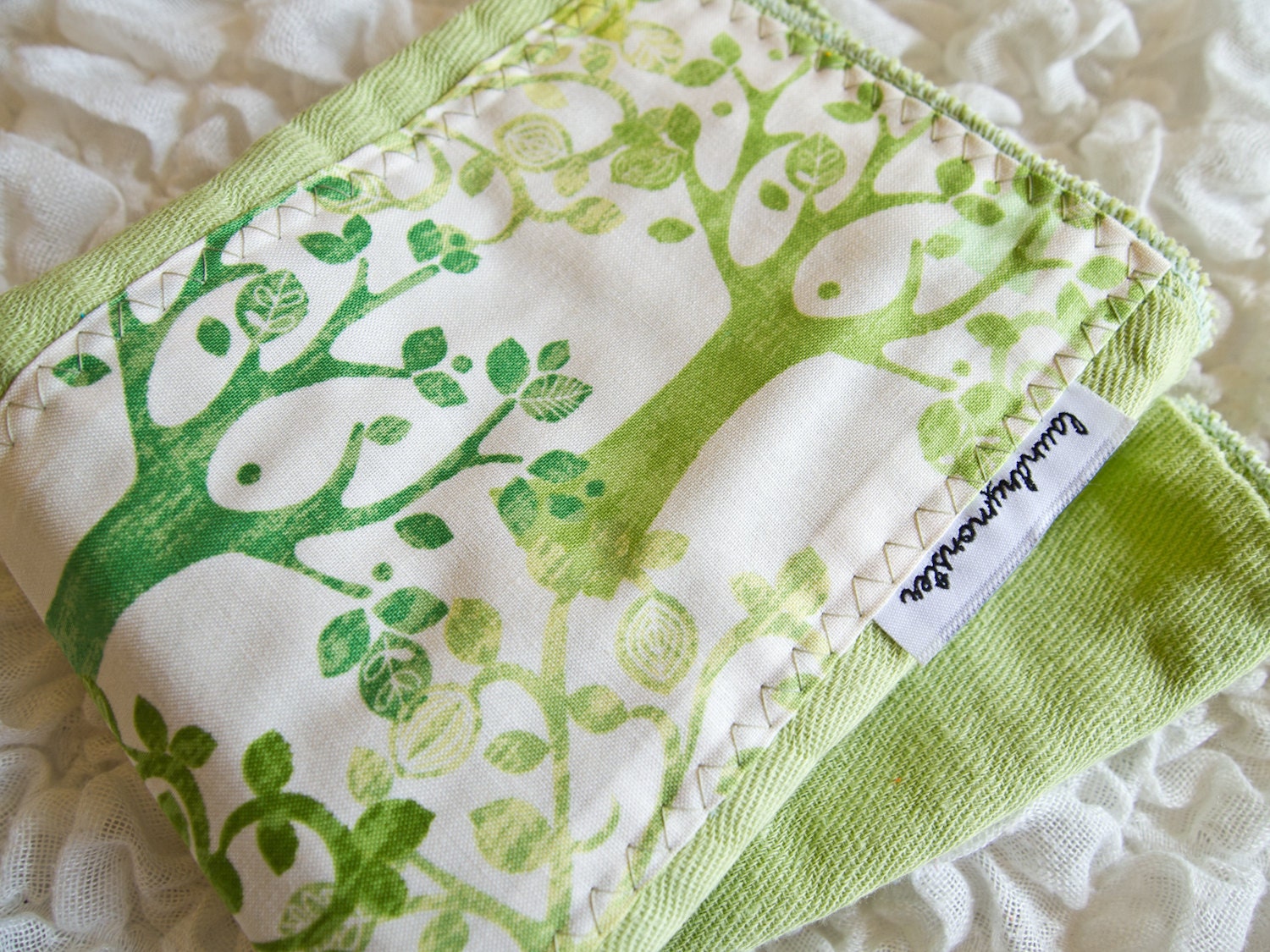 Baby burp cloth - Swirly trees celery green hand dyed burp cloth