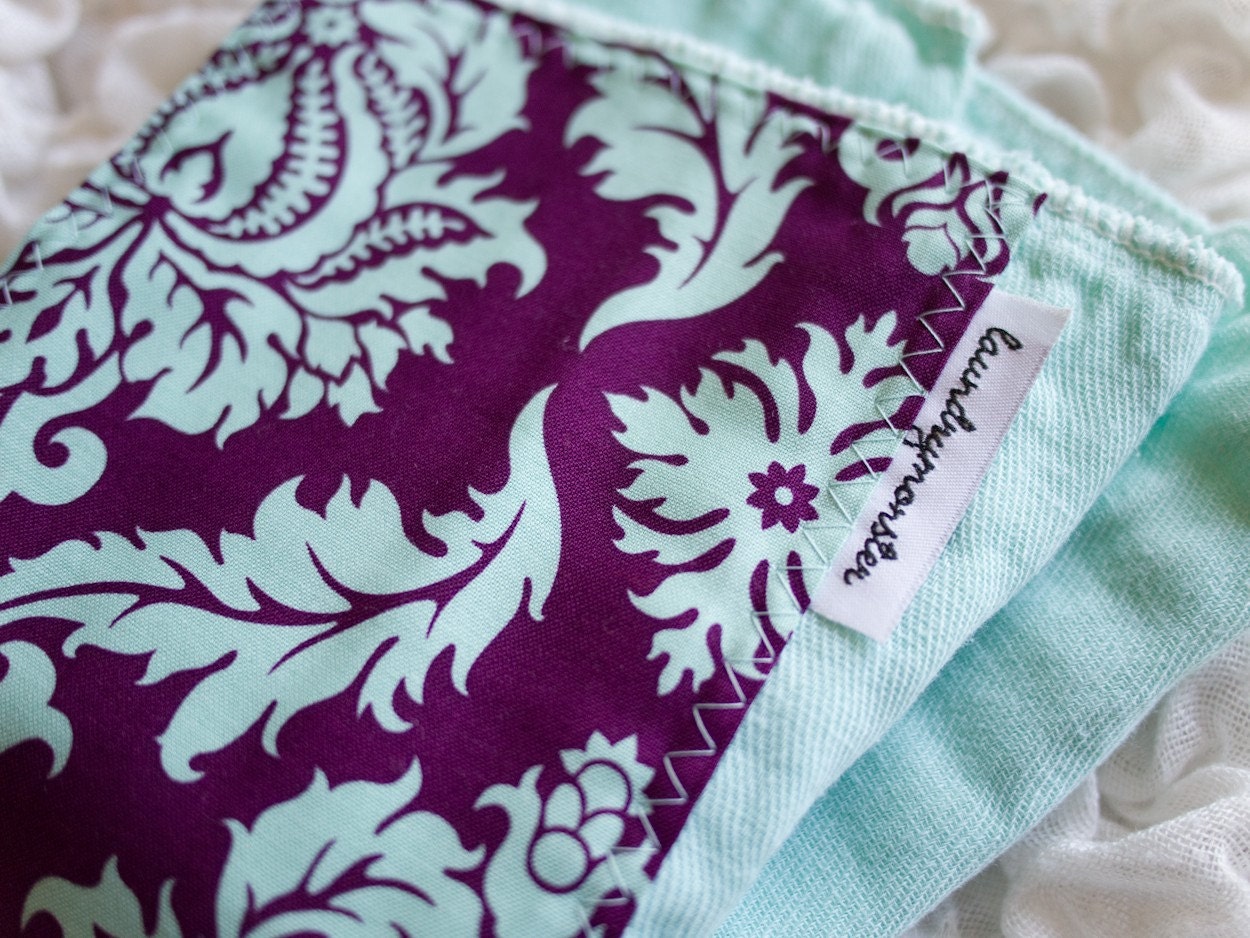 Baby burp cloth - purple damask on hand dyed aqua