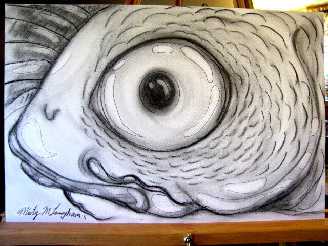 Original 12 x 18 Charcoal Drawing of Koi Fish By Misty Langham