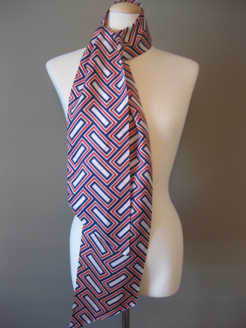 Red White and Blue Vintage Scarf Goemetric Rectangle Herringbone Pattern Sash