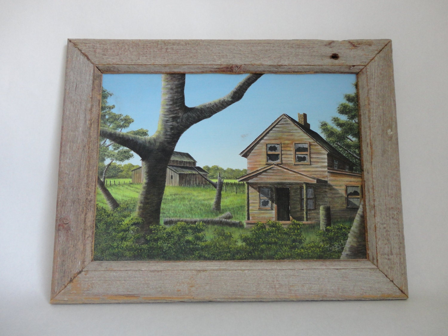 old abandoned farmhouse...VINTAGE original country scene PAINTING in barn board frame (artist signed)
