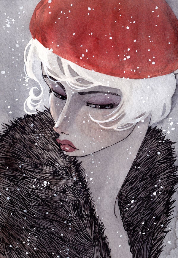 La Neige - 4x6 Original Painting - ink and watercolor - one of a kind