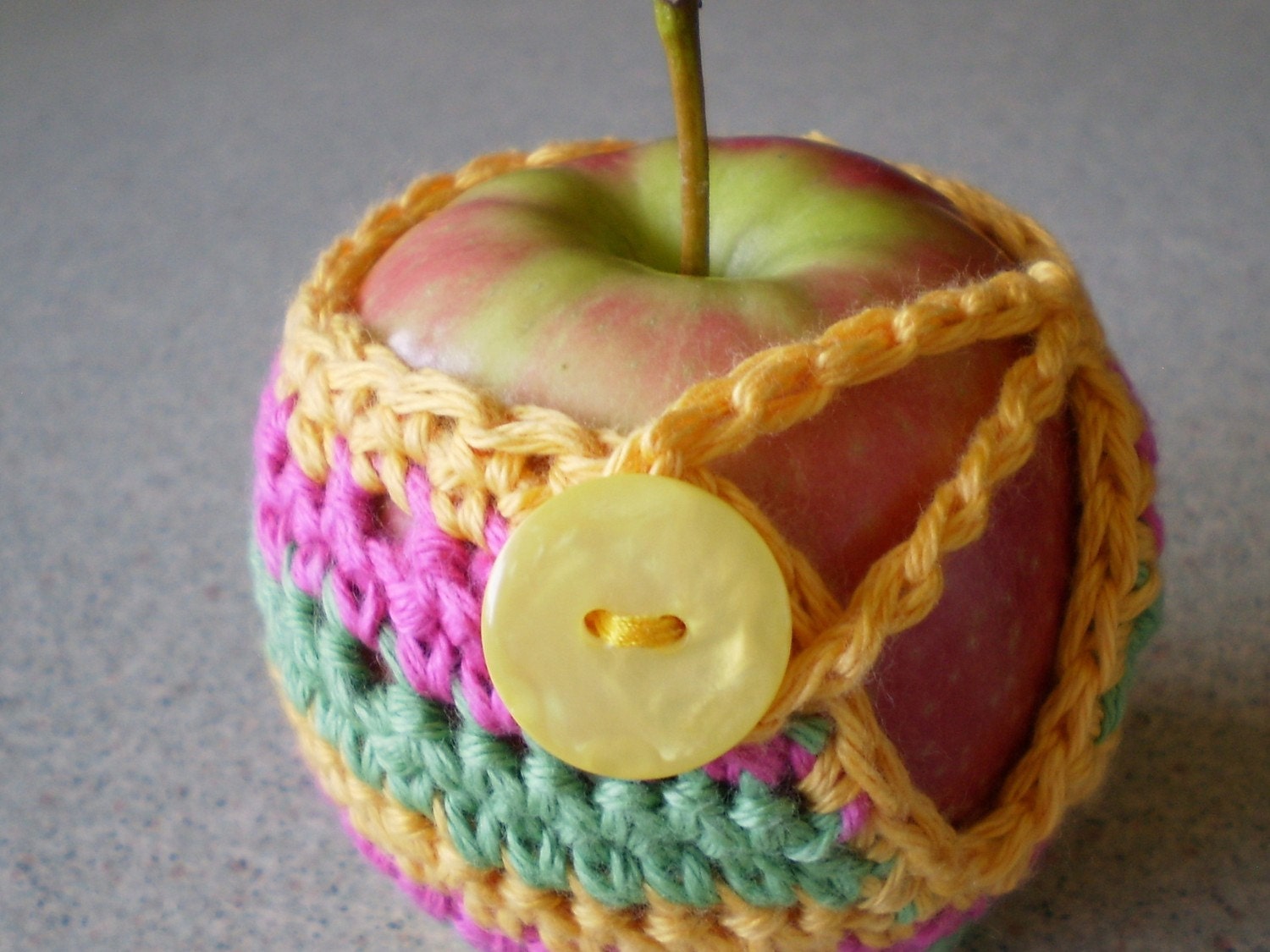 Crochet Apple CozyCosy Jacket hot pink green yellow stripes fits small to medium apple