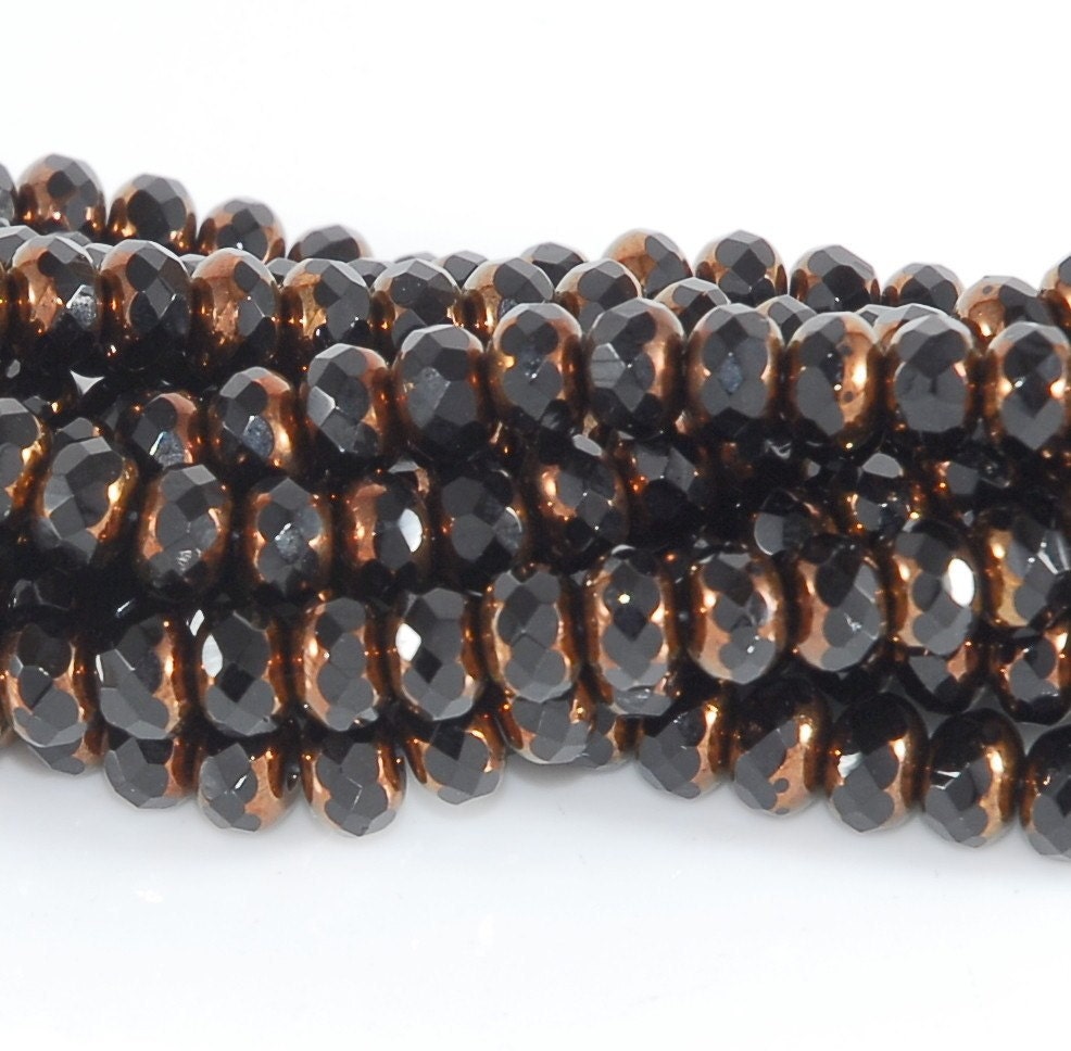 Czech Fire Polish Glass Bead Bronze Jet Black 7x5mm Gemstone Cut Donut - 20 pieces     (ST307)