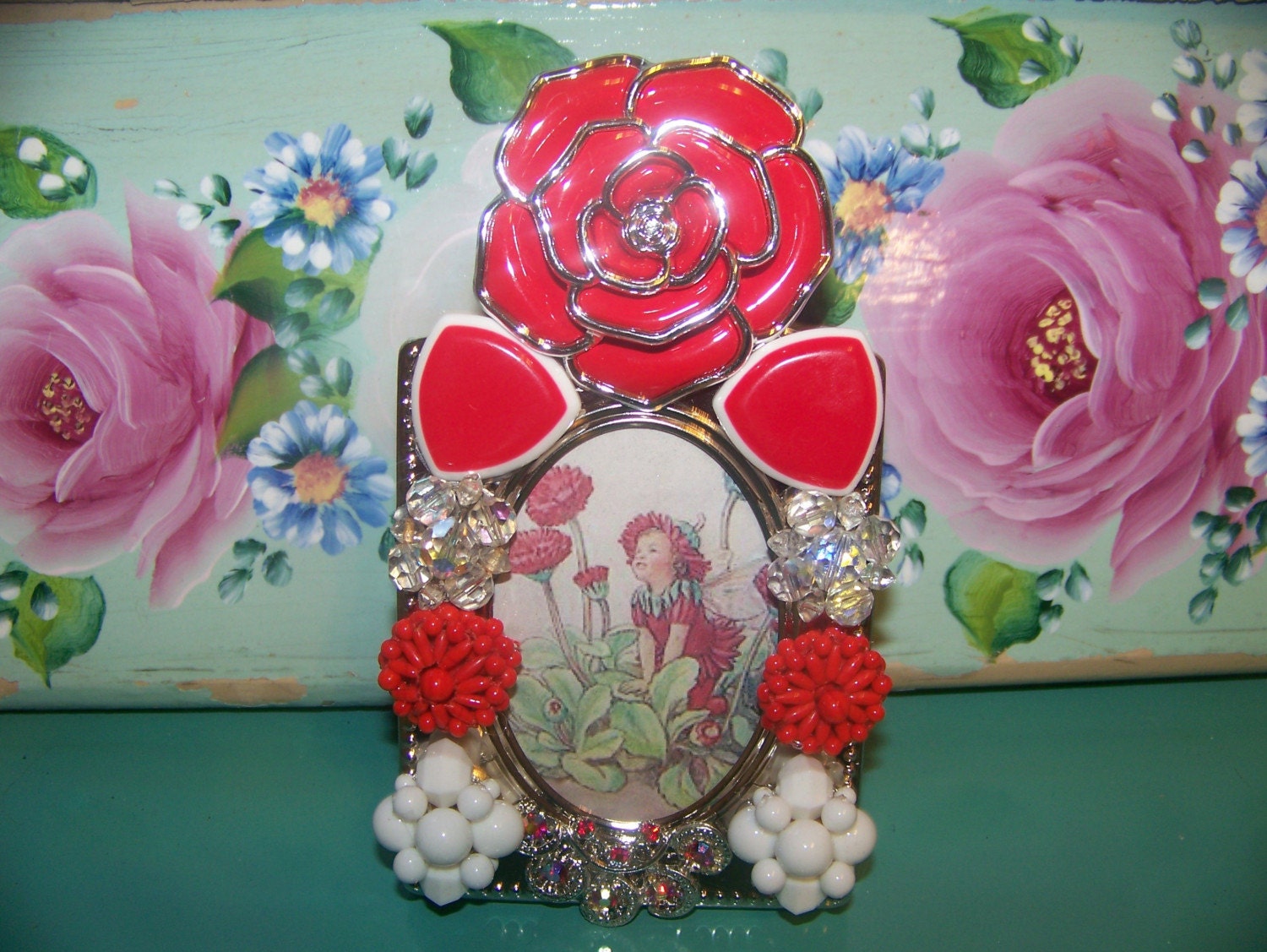 Red White Vintage Jeweled Picture Frame
