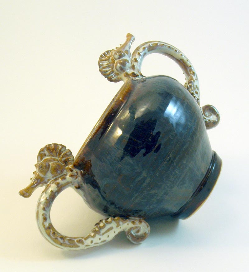 Seahorse Vase, SALE- Urn with Two Handles- Rich Brown and Milky White- (was 98)