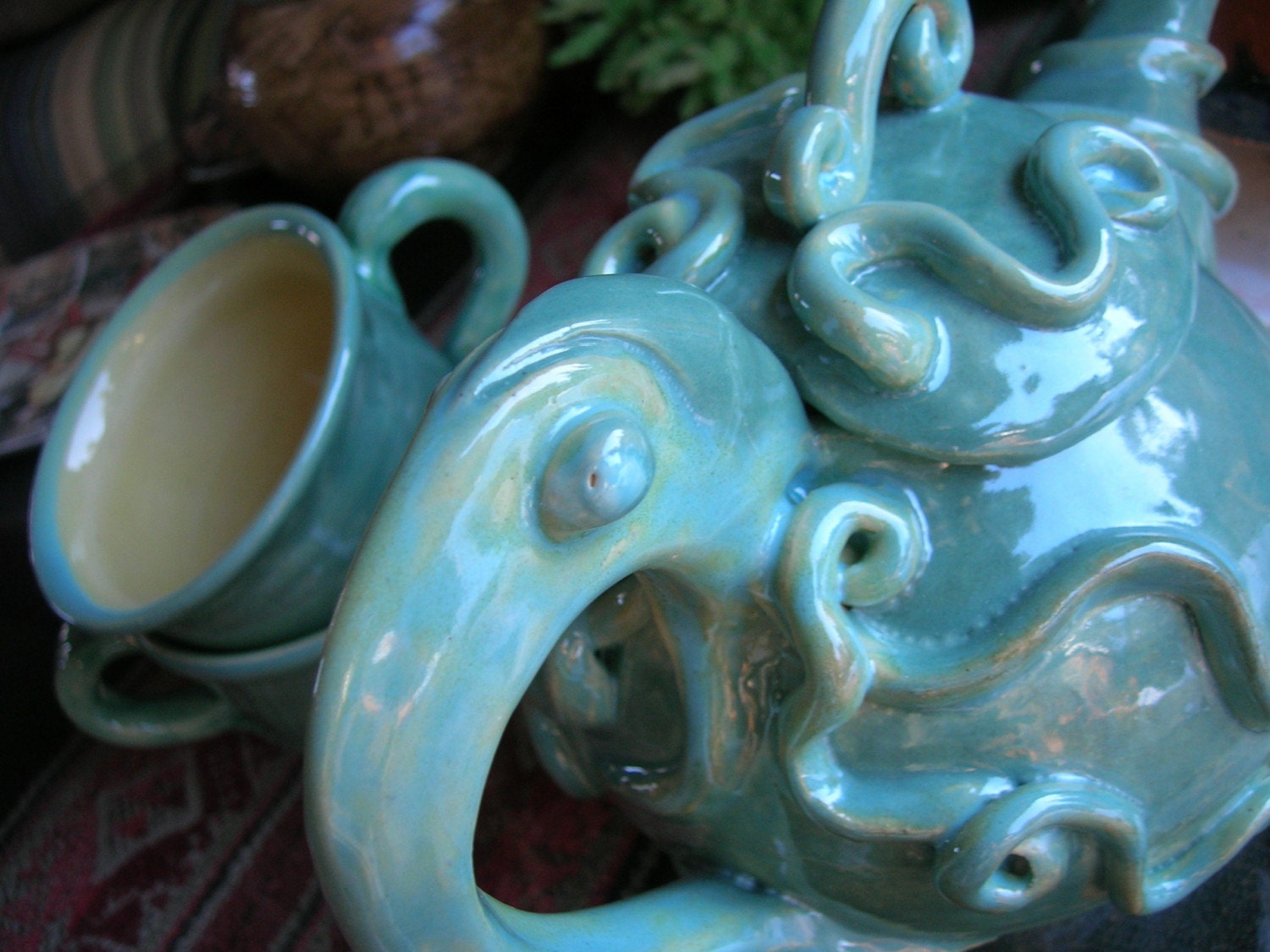Tea Set- Sea Green Turquoise Squid Octopus Tentacle TEAPOT and Cups- SALE- (was 155)