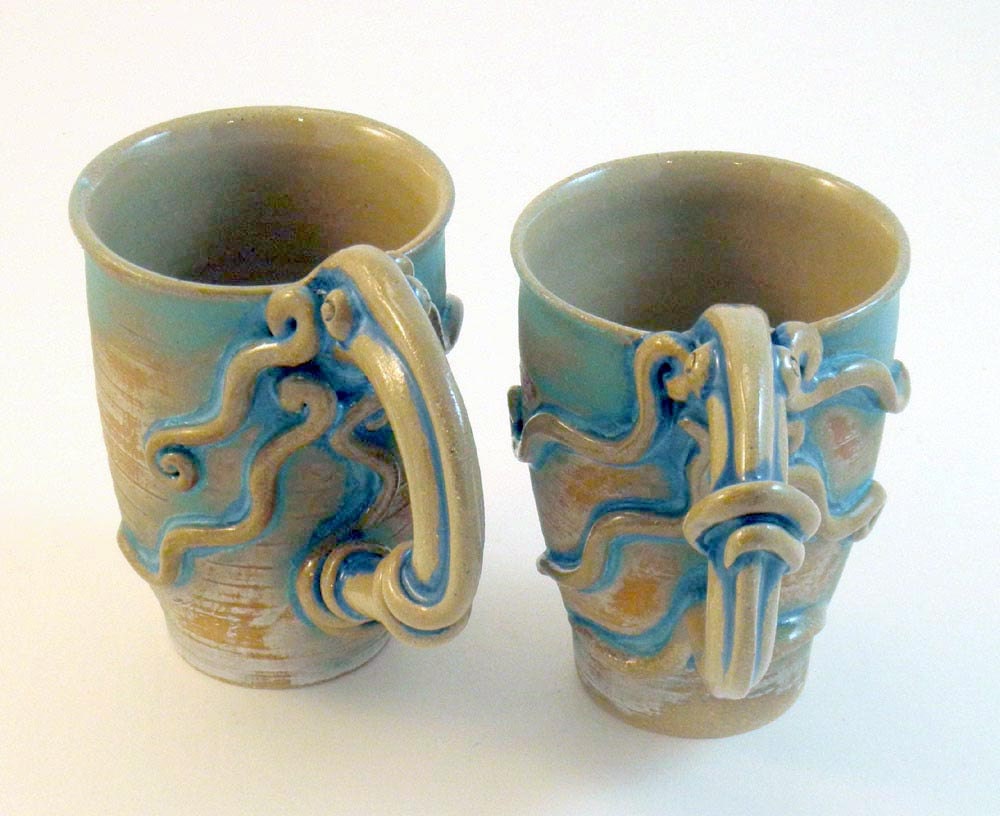 MUG SET- Octopus Squid SALE- Brushed Turquoise Pair of 2 Atlantis Stoneware (was 79)