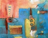 Acrylic Painting- Birds Try To Fit in Man's World - Abstract