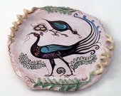 Platter-Peacock Painted Majolica Terracotta with Sculpted Vines and Leaves