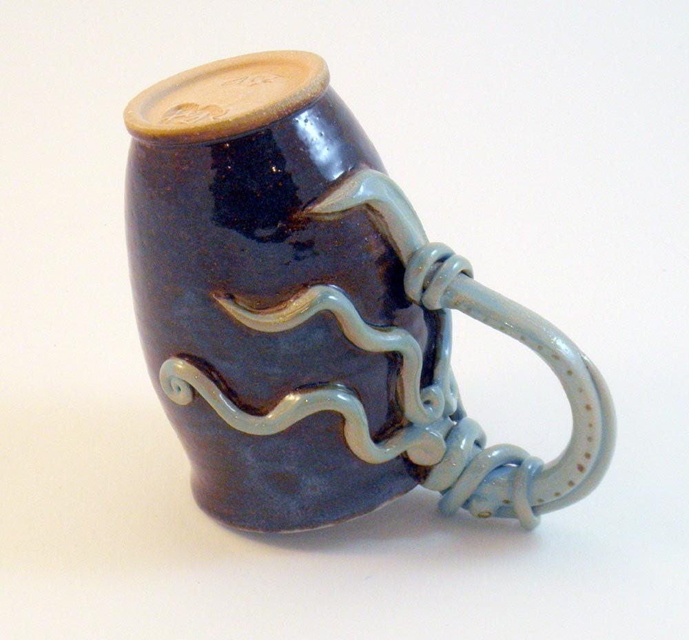 Squid Latte Mug- Inky Brown, Blue Octopus Stoneware