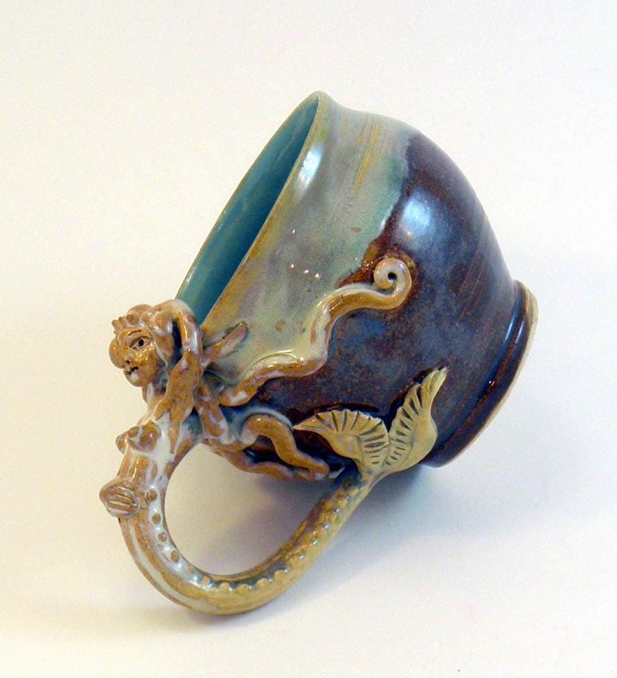 Mermaid Mug- RESERVED for dgregory6 -Soft Blue Green Sea Foam on Dark Chocolate and Natural Clay Siren- SALE