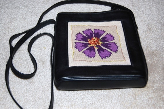Lee Leather Handbag w/Needlepoint Insert by Beenstitchin on Etsy