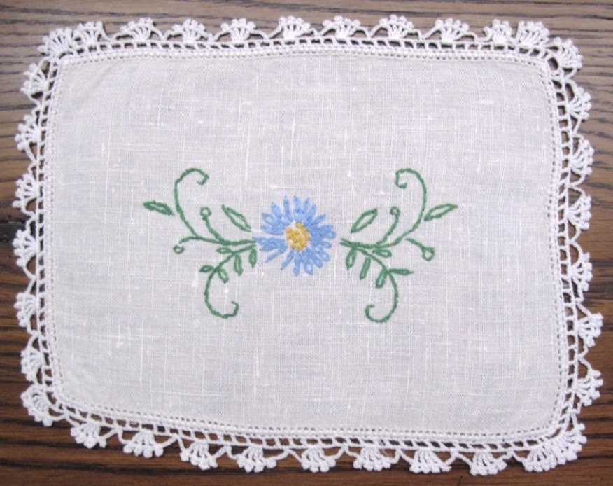 Sweet Little Linen Doily Blue Flower with Crochet Trim