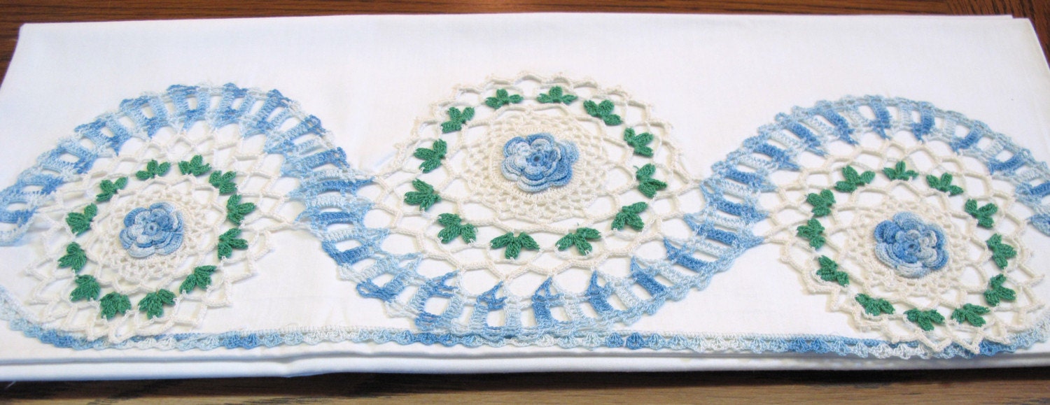 Cottage Style Crochet Pillowcase Set Blue Swirl and Roses