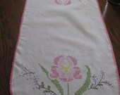Lovely Large Pink Flower and Pink Crochet Trim Vintage Dresser Scarf/Table Runner