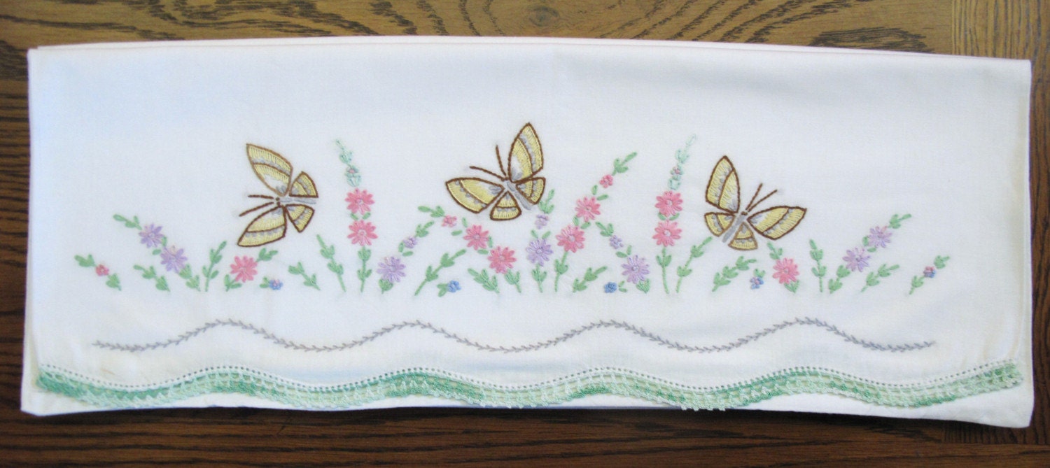 Pillowcase Set Embroidered Pink Flowers Yellow Butterflies
