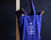 Canvas Knitting/Crochet Tote - Keep Calm and Carry Yarn - Superhero blue