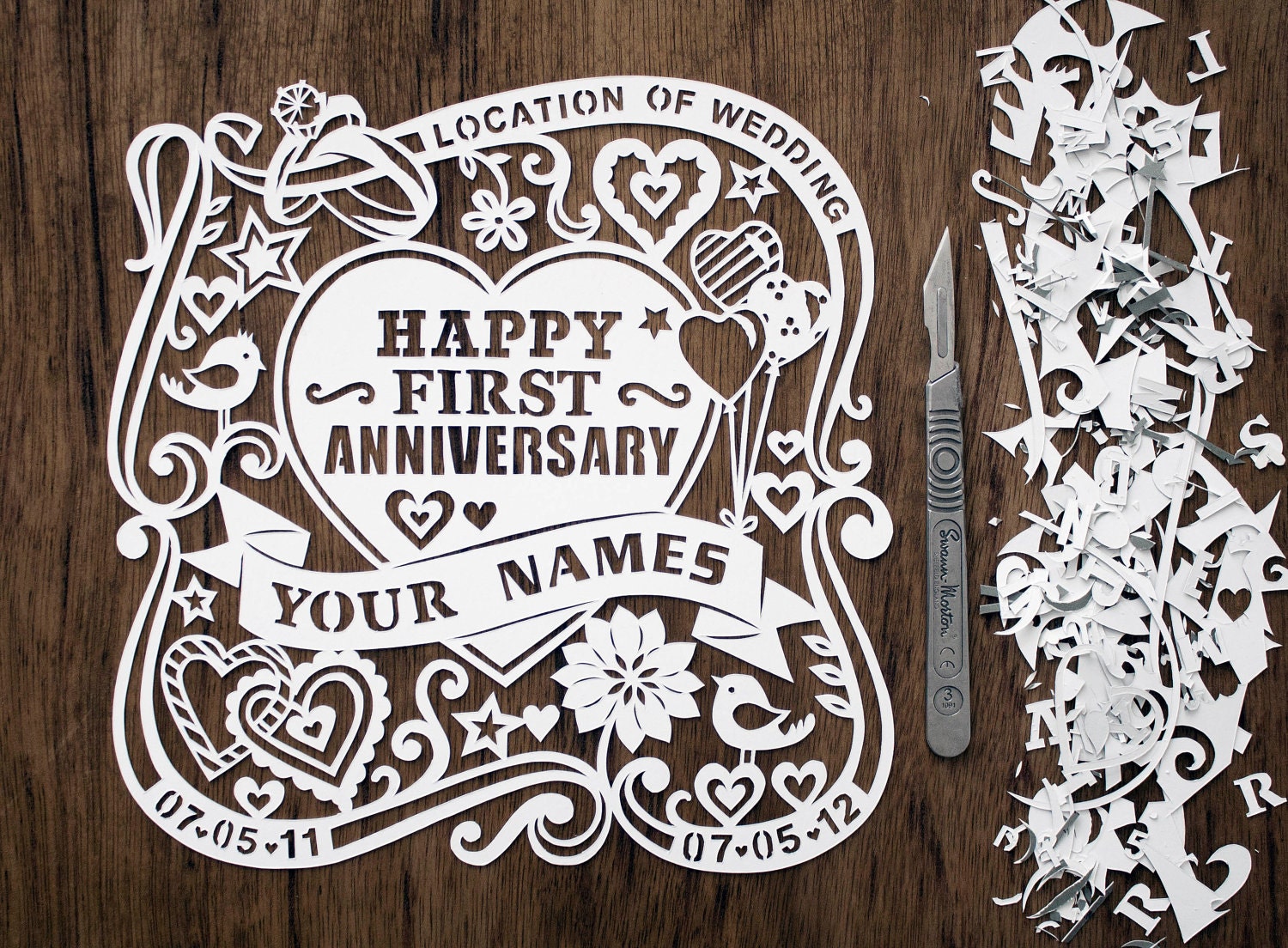 Celebrating an Anniversary... Beautiful Personalised Handcut Papercut. Made to Order.