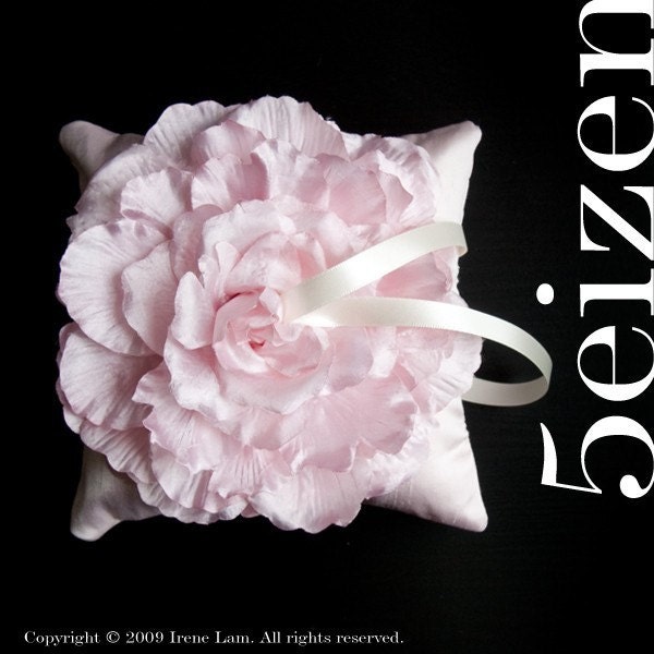 Mona Series - Light Pink Bloom and Pink Dupioni Silk Ring Pillow LIMITED EDITION