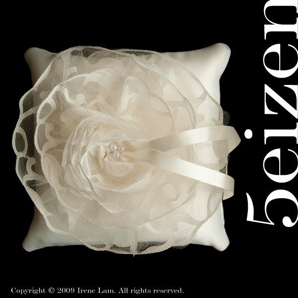 Bloomi Series IV - Ivory Lace Bloom and Light Ivory Satin Wedding Ring Pillow (FREE SHIPPING)