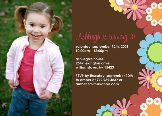 Fun and Bright Flowers Custom Photo Birthday Invitation Il_570xn