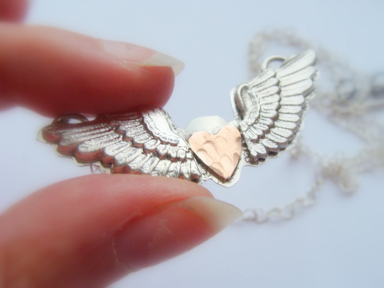 Valentine Winged Heart sterling silver necklace - Metalwork silver wings and cooper heart - Valentine necklace