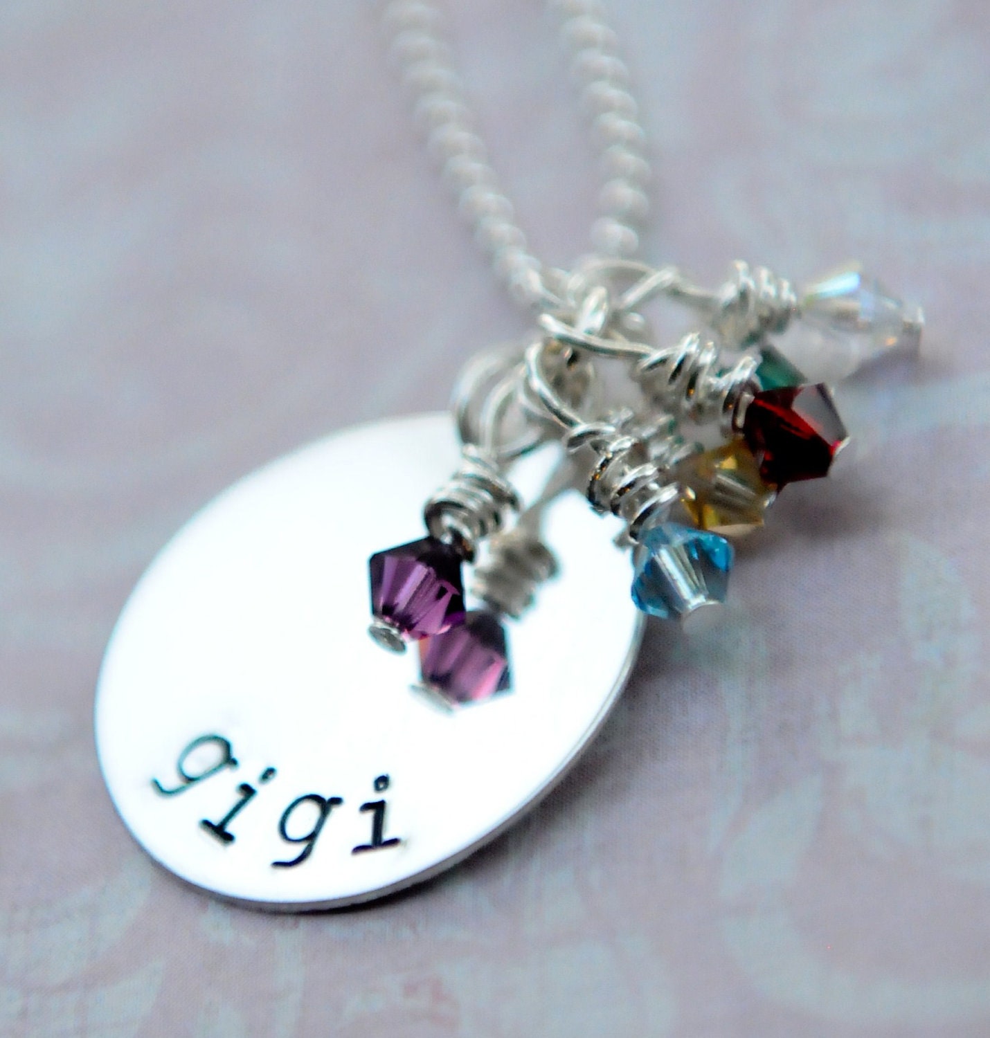 Hand Stamped Sterling Silver Disc with Birthstone Swarovski Crystals - Gigi