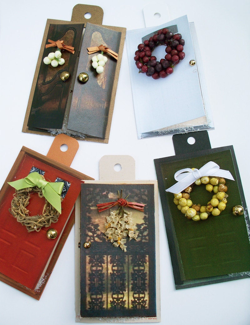 Christmas Gift Tags--Winter Wreaths Tiny Door Christmas Gift Tags--Miniature Realistic Openable Snowy Door Way Gift Tag Set of 5--ON SALE