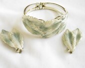 Vintage Enameled Green Leaf Clamper Bracelet with Matching Earings