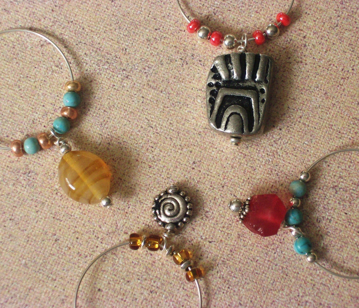 Southwestern Wine Charms - Set of 4 Glass Markers in a Silk Gift Bag