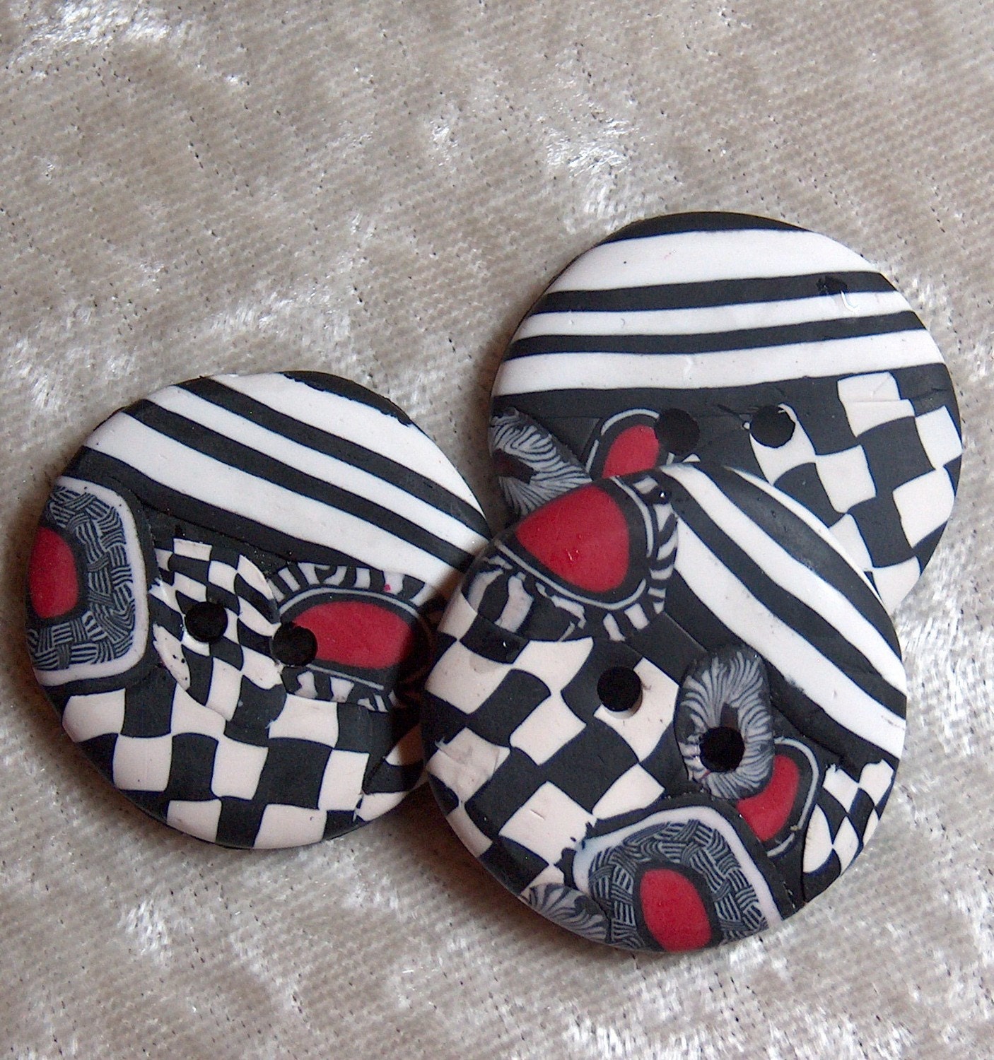 Handcrafted, Black, White and Red Round  Buttons Stripe Checker Polymer Clay No.46