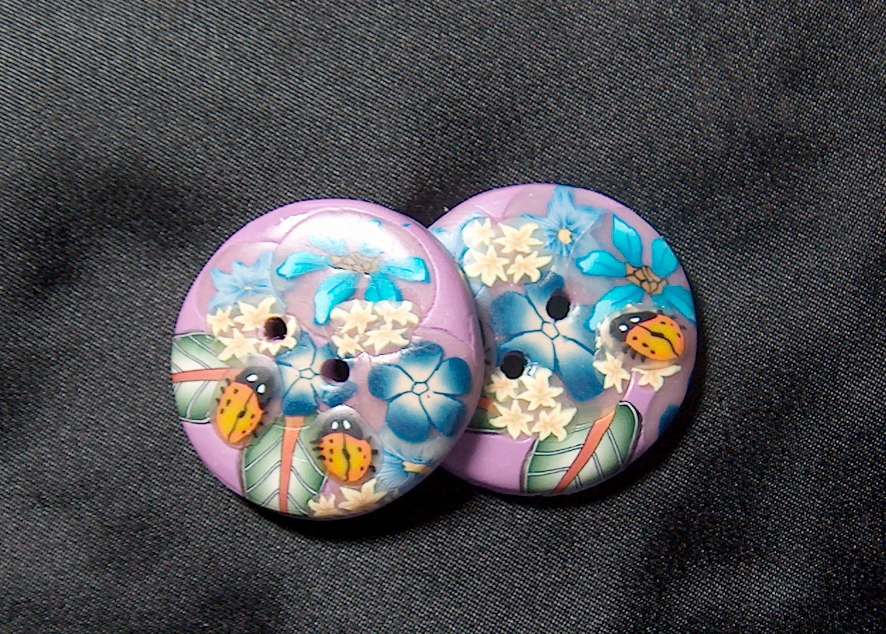 Handcrafted Lavender Ladybug Buttons Blue Flowers Polymer Clay No.90