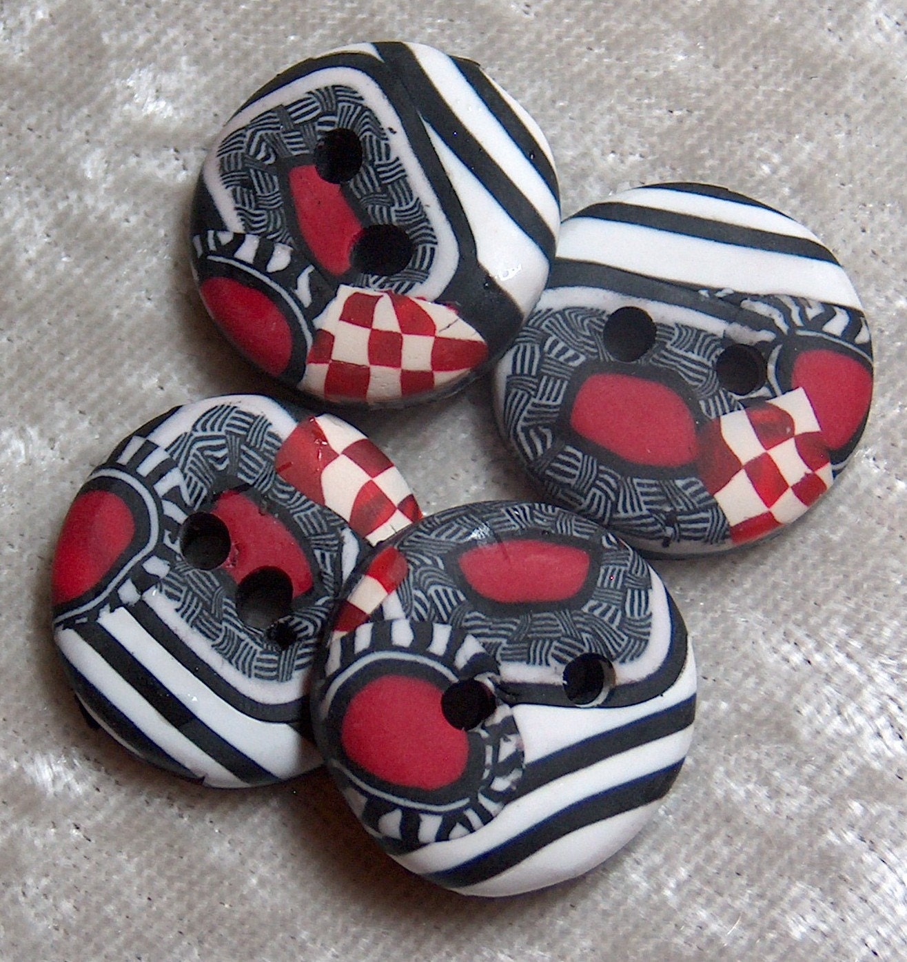 Handcrafted, Black, White and Red Round Buttons Stripe Checker Polymer Clay No 48