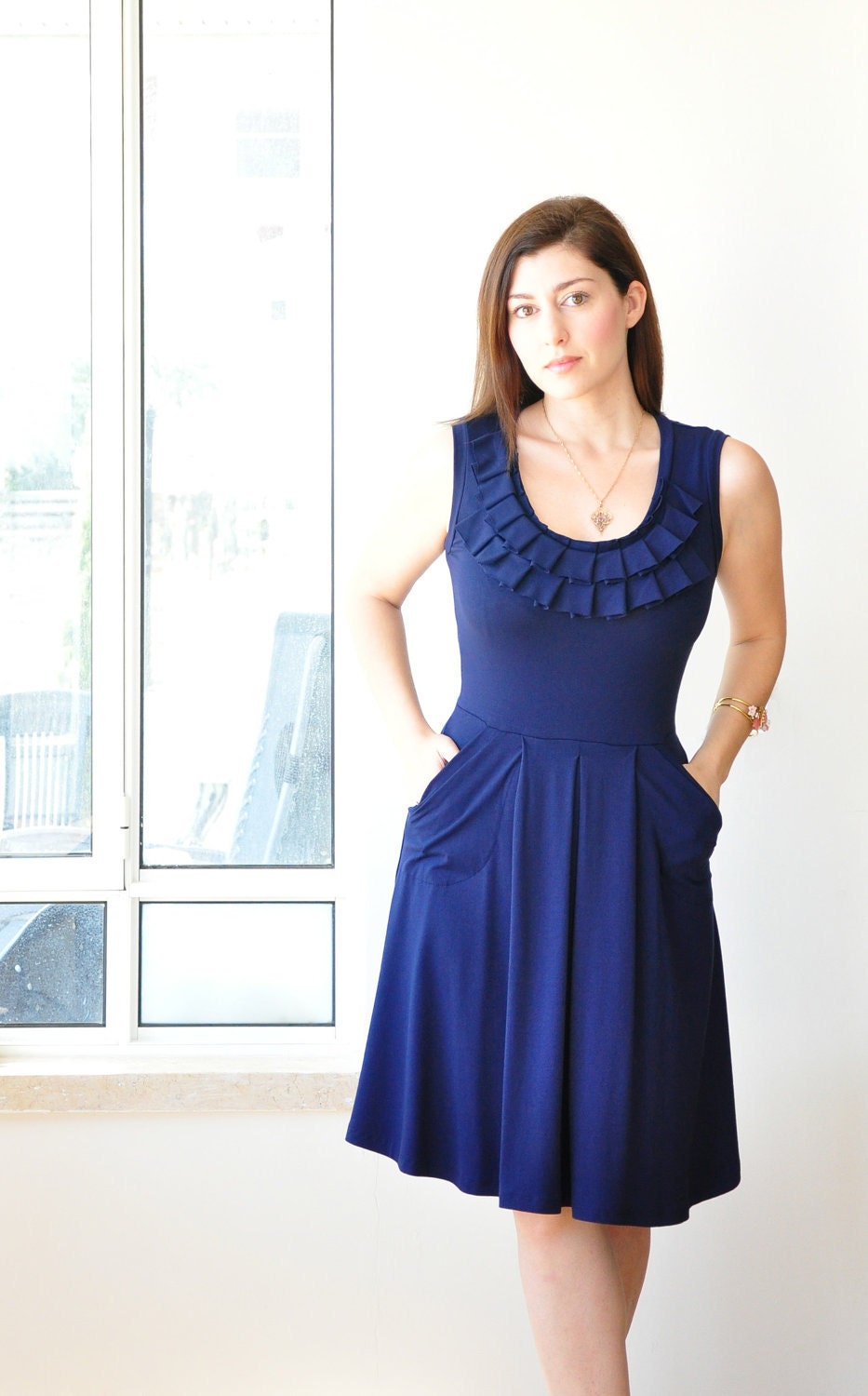 Blue Sundress, Bridesmaid, Pleated Neckline Dress, Sleeveless
