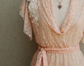 Lace Top- Peach Lace Tunic With Short Sleeves And Belt In Peach, By Lirola - Lirola