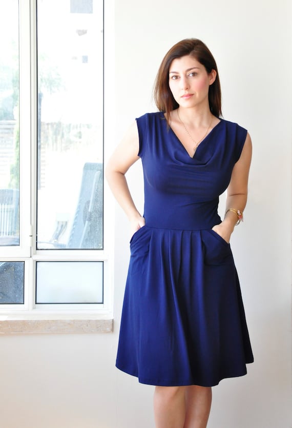 Cowl Neck Dress With Pockets / Custom Womens Dress /Casual Chic Dress By Lirola