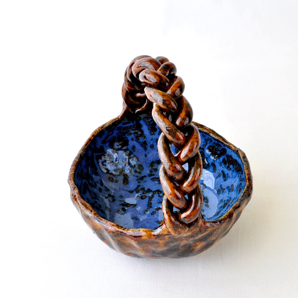 Braid Bowl Candy Dish Ceramic Bowl - Denim and Leather blue  brown pottery dish