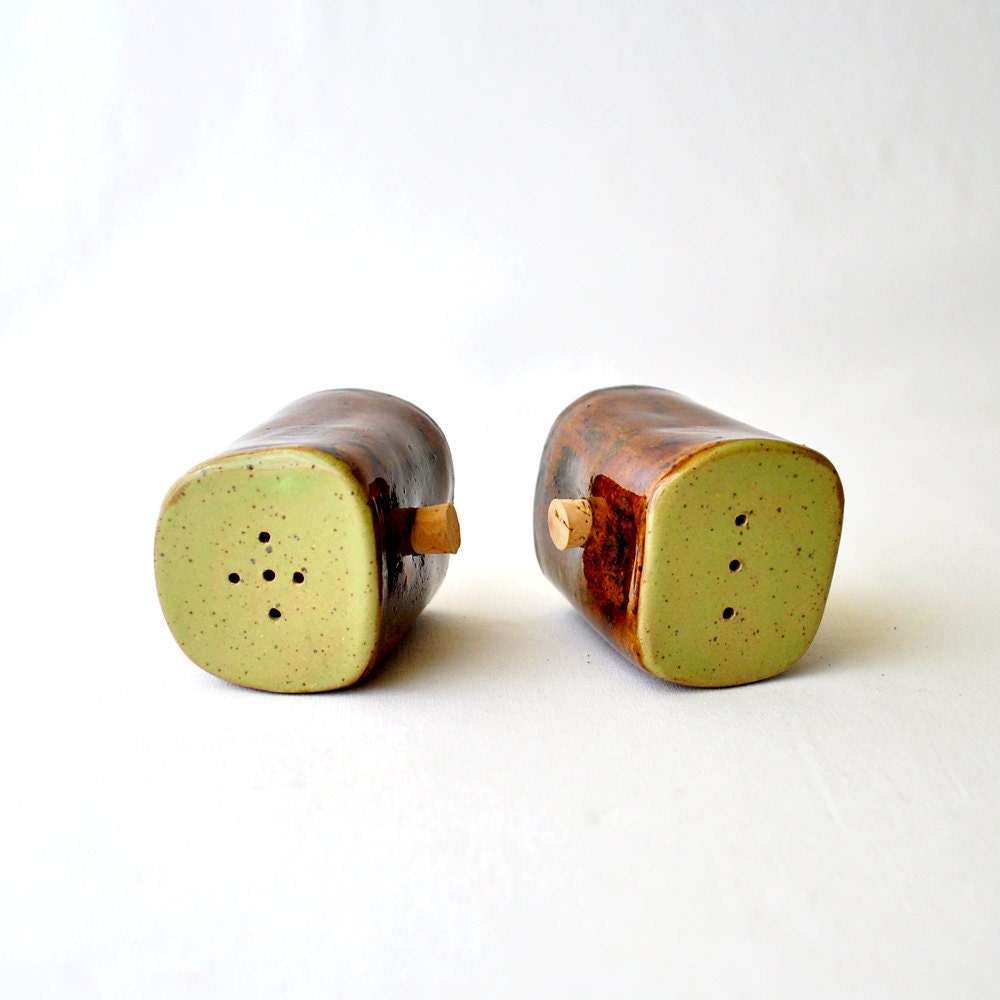 Salt and Pepper Shakers - Avocado Green and Earth Brown spice jars - GlazedOver