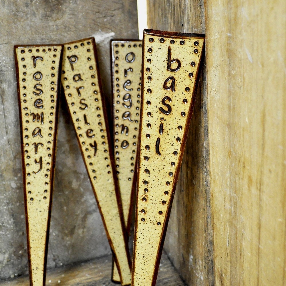 Rustic handmade ceramic HERB stakes garden markers (Set of 4)