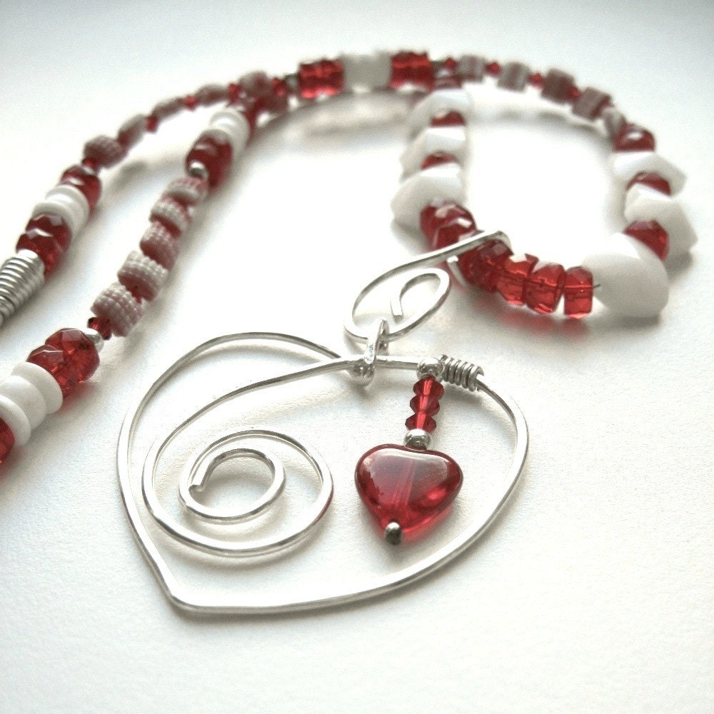 Valentine Necklace Sterling Silver, Poppy Red Beads, White Swarovski Crystals