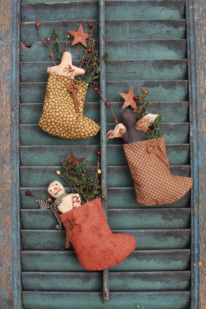 Sale Pattern Christmas Ornie Primitive Folk Art Snowman Angel Gingerbread Man Christmas Stockings