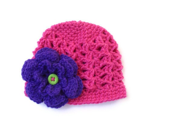 Baby Hat Pink with Purple Flower