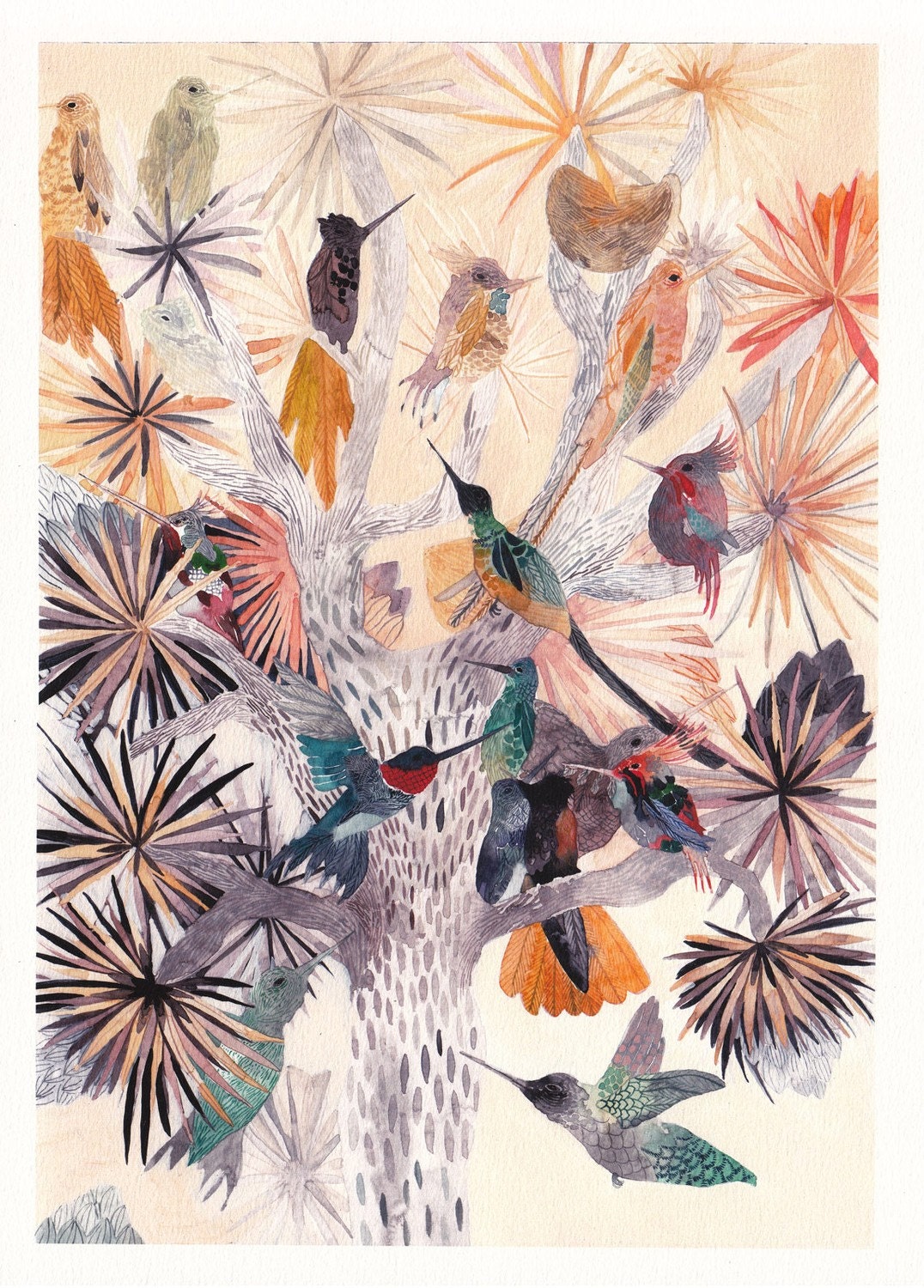 Hummingbirds and Joshua Tree- 14" x 20"  Archival Print