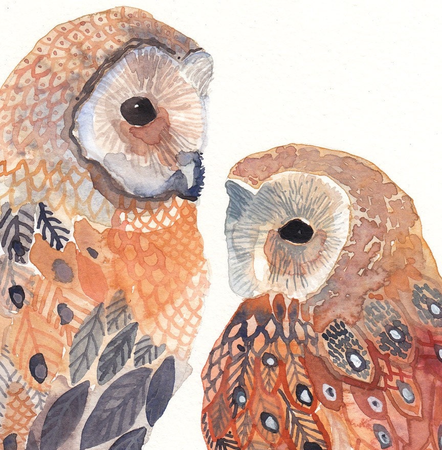 Two Barn Owls - Original watercolor painting