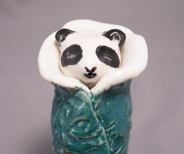 Ceramic Baby Animal Papoose Ornament - Pickle Panda Bear - Art Sculpture Animal