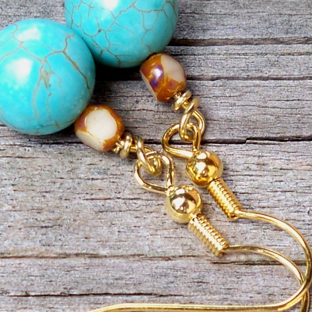 Vienna - 10mm Round Turquoise Blue and Faceted Sandy Brown Czech Glass Beaded Gold Fish Hook Dangle Earrings
