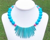 Shea - Chunky, Ethnic, Tribal, Aqua Blue Jade and Hot Pink Turquoise Spike Beaded Necklace
