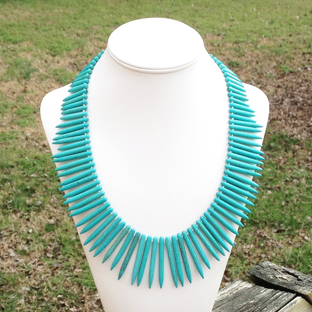 Adale - Ethnic, Tribal, Chunky, Graduated Spike Turquoise Blue Beaded Necklace