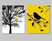 Birds and Trees - Set of Two 8x10 Prints - Bathroom, Nursery, Kitchen, Bedroom - Choose Your Colors - Shown in Yellow, Black, White - Tessyla
